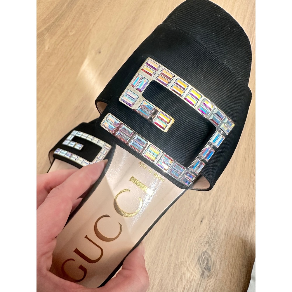 Gucci Nero Black Moire Fabric Crystal G Buckle Slide Sandals 551445 Size 35.5 - Picture 6 of 10